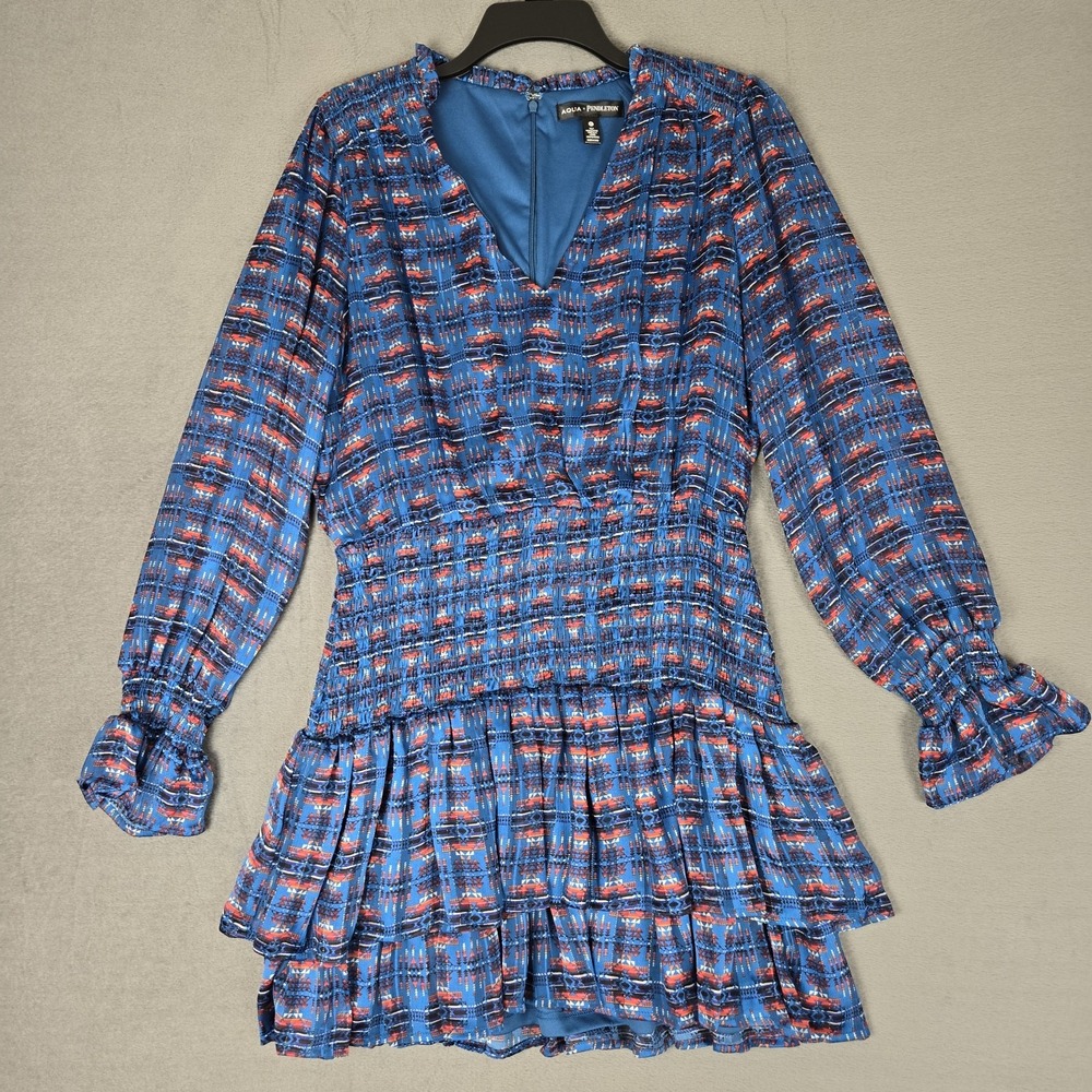 Aqua X Pendleton Dress Women's XL Blue‎ Aztec smocked waist v-neck mini